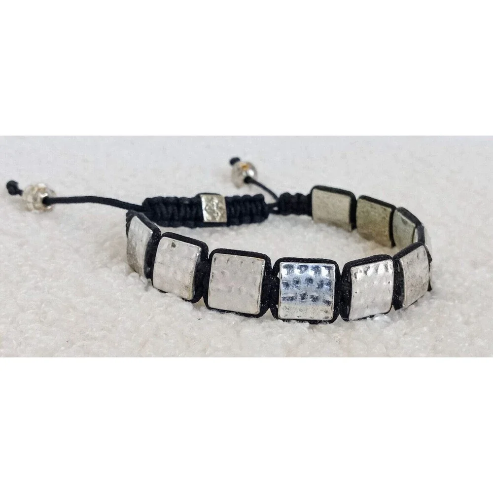 Men's Flat Hammered Silvertone Bead Corded Bracelet 6-10 in Adj